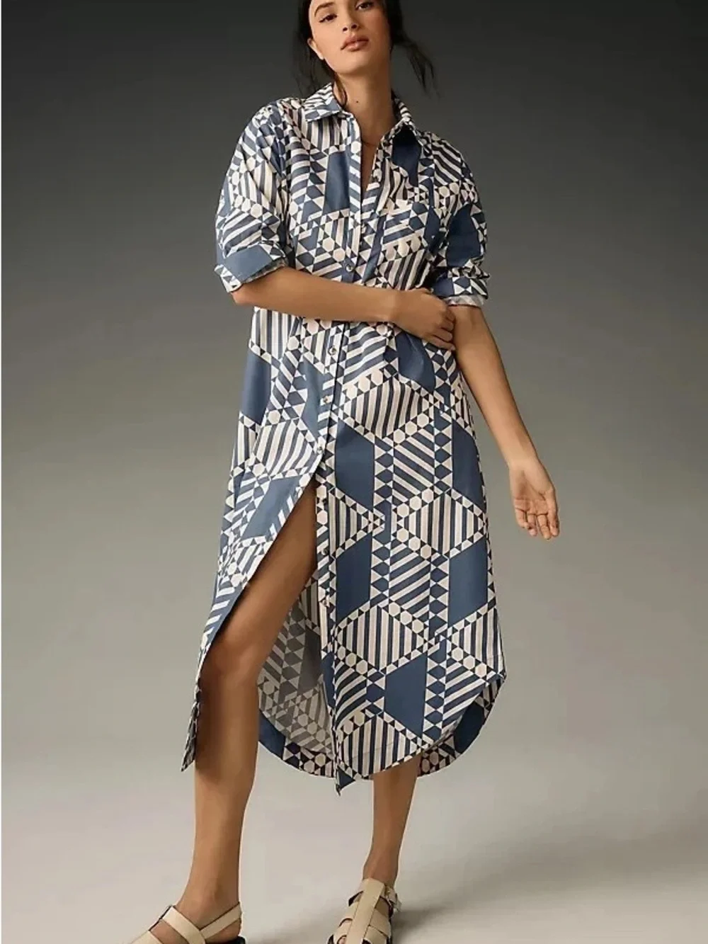 Anthropologie Maeve SOREN Blue and Cream Geometric Button-Up Dress - NWOT - Picture 1 of 3